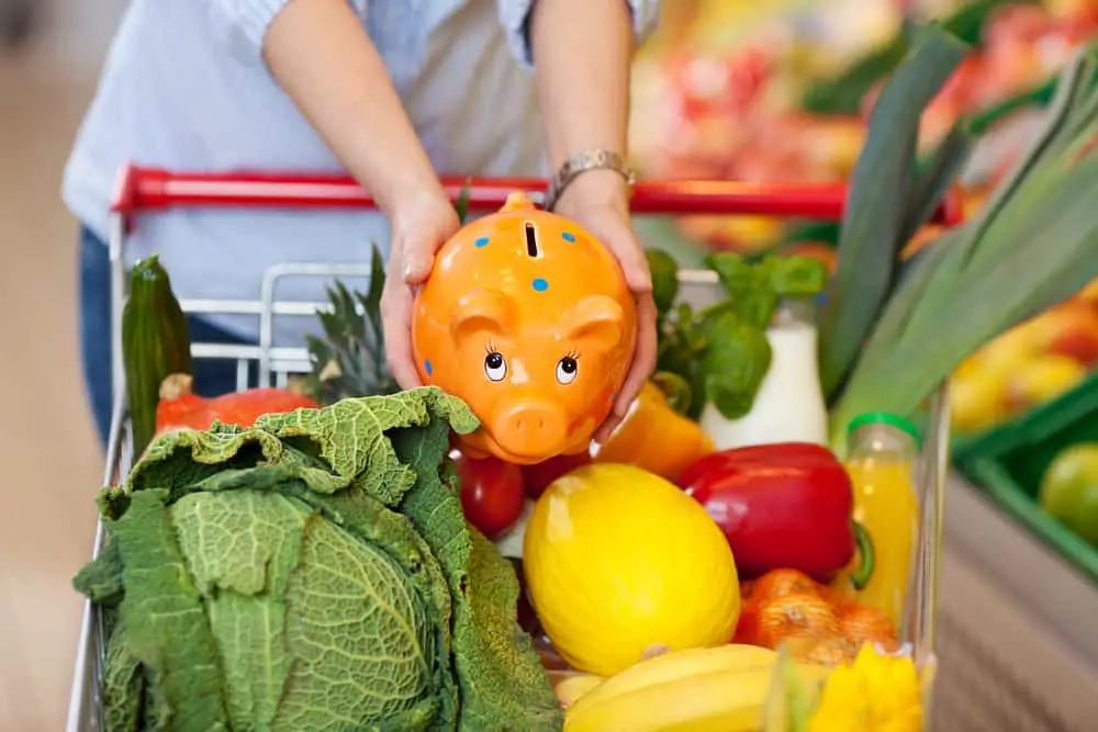 woman with piggy bank saving money on food