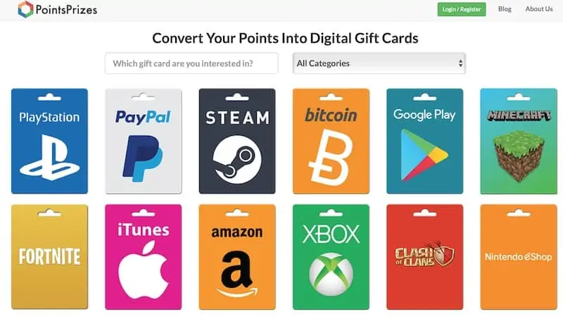 PointsPrizes redeem points for gift cards