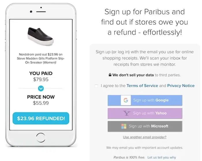 Paribus screenshot get money back on price drops
