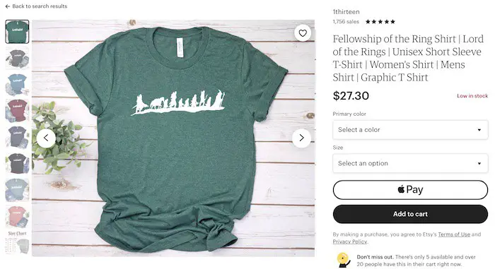 lord of the rings tshirt selling on Etsy example
